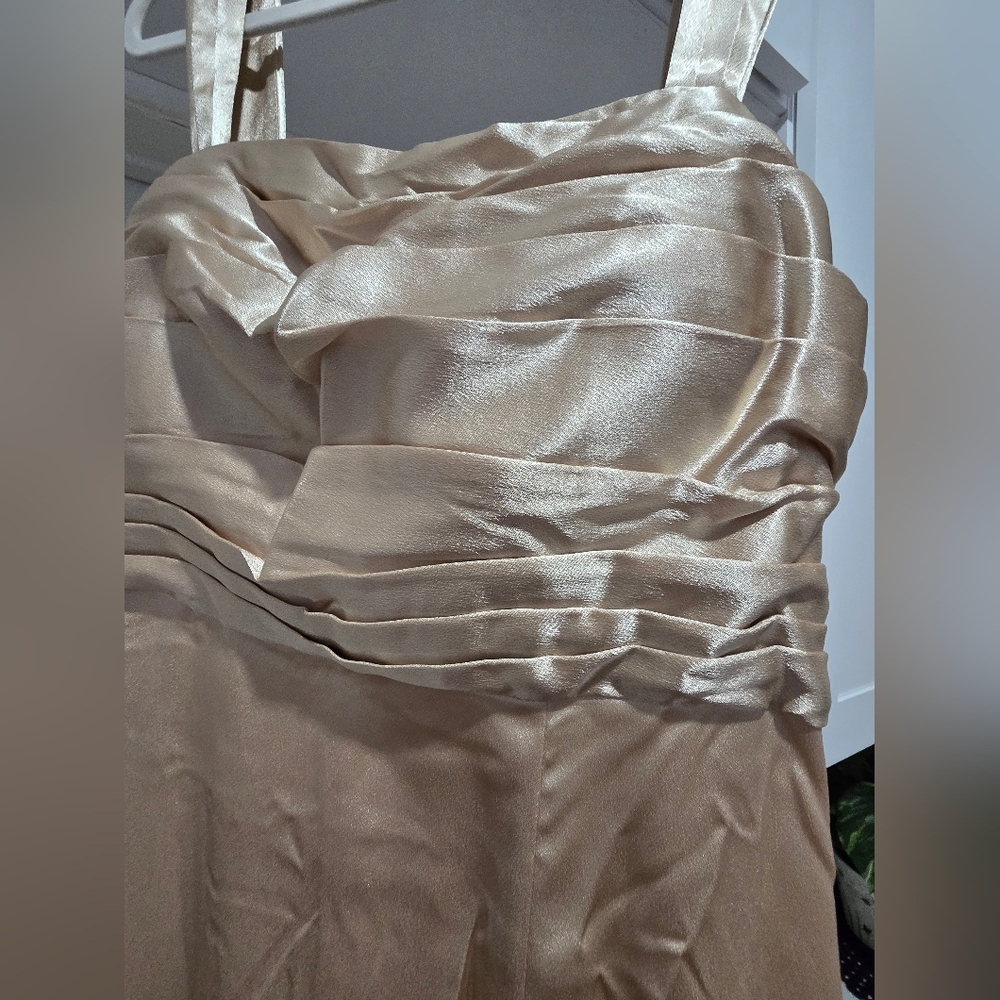 Champagne Satin Evening Dress W/Wide Straps Pleated Bodice, Side Slit - Picture 12 of 12
